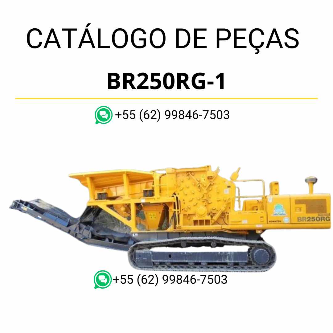 Catálogo de peças Komatsu BR250RG-1 em PDF, com ilustrações técnicas e identificação completa dos componentes do triturador e reciclador.