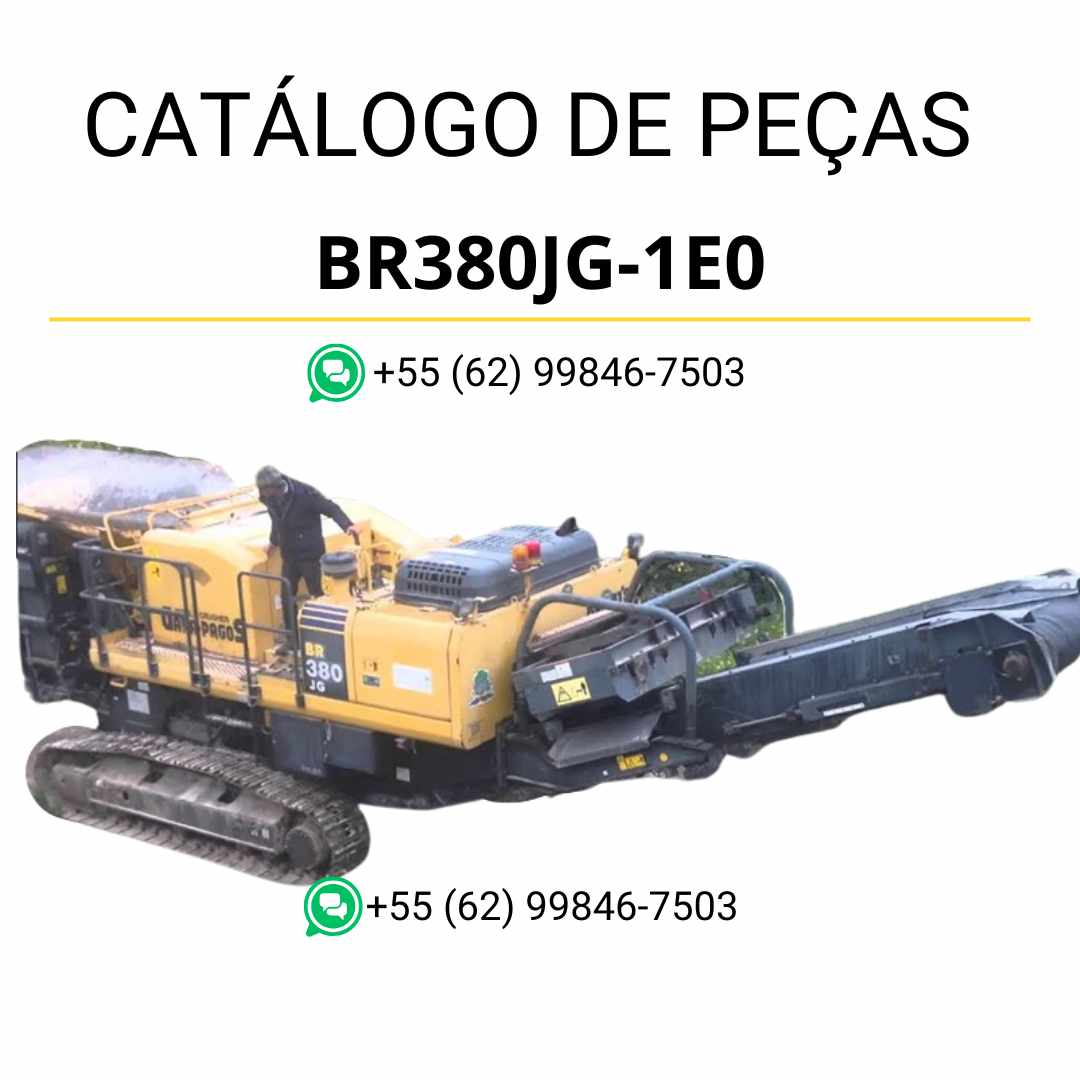Catálogo de peças Komatsu BR380JG-1E0 em PDF, com ilustrações técnicas e identificação detalhada dos componentes do triturador e reciclador.