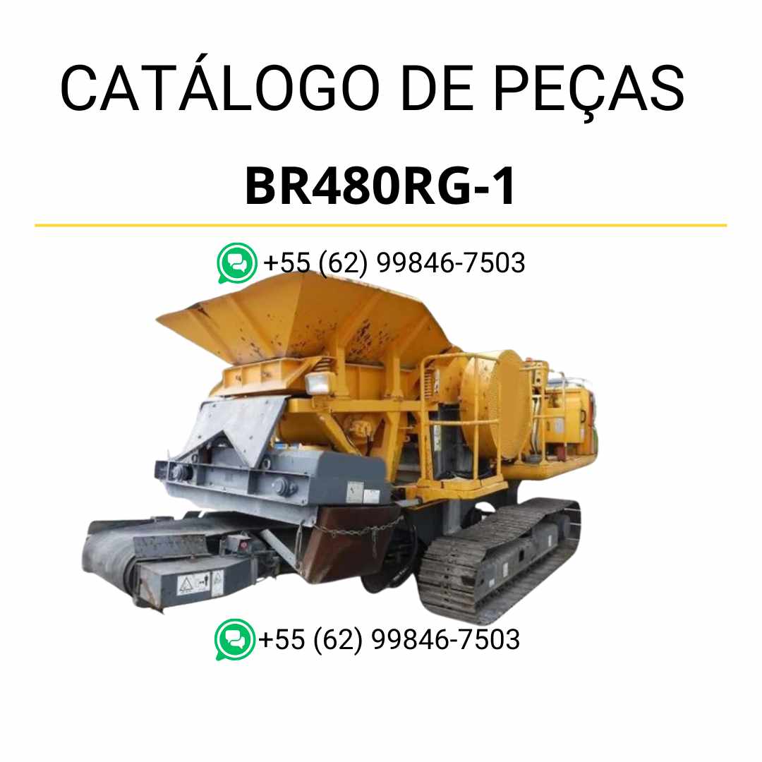 Catálogo de peças Komatsu BR480RG-1 em PDF, com ilustrações técnicas e identificação detalhada dos componentes do triturador e reciclador.