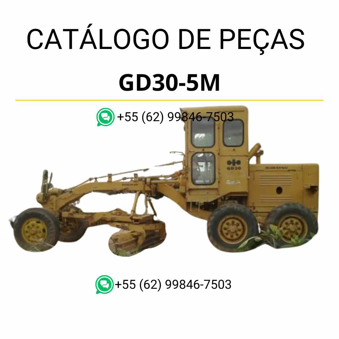 Catálogo de peças Komatsu GD30-5M em PDF, com ilustrações técnicas e identificação detalhada dos componentes da motoniveladora.