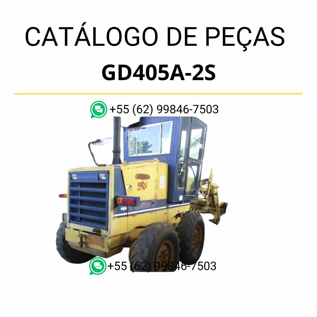 Catálogo de peças Komatsu GD405A-2S em PDF, com ilustrações técnicas e organização detalhada dos conjuntos da motoniveladora.