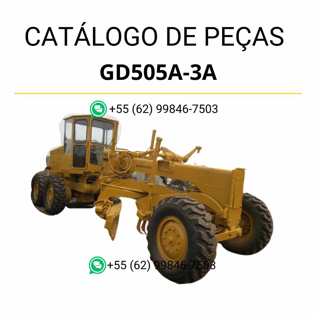 Catálogo de peças Komatsu GD505A-3A em PDF, com diagramas técnicos detalhados e identificação dos conjuntos da motoniveladora.