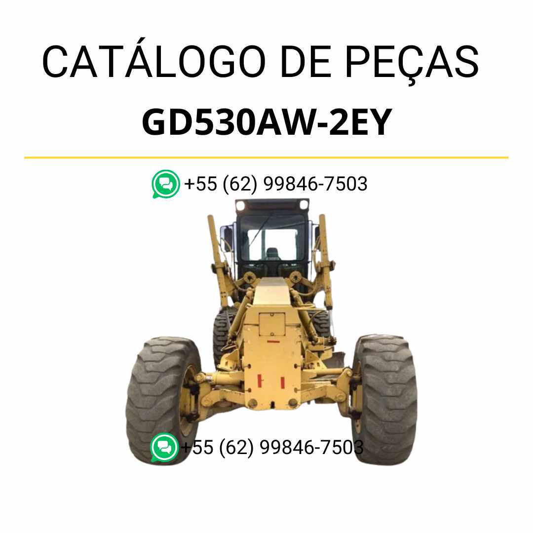 Catálogo de peças Komatsu GD530AW-2EY em PDF, com ilustrações técnicas detalhadas e identificação dos componentes da motoniveladora.