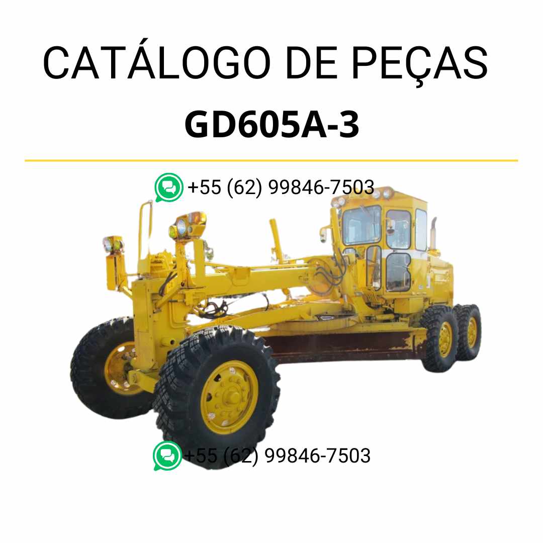 Catálogo de peças Komatsu GD605A-3 em PDF, com esquemas técnicos e identificação precisa dos conjuntos e componentes da motoniveladora.