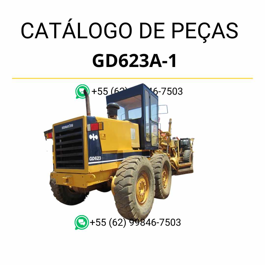Catálogo de peças Komatsu GD623A-1 em PDF, com diagramas técnicos e lista detalhada de componentes para motoniveladora.