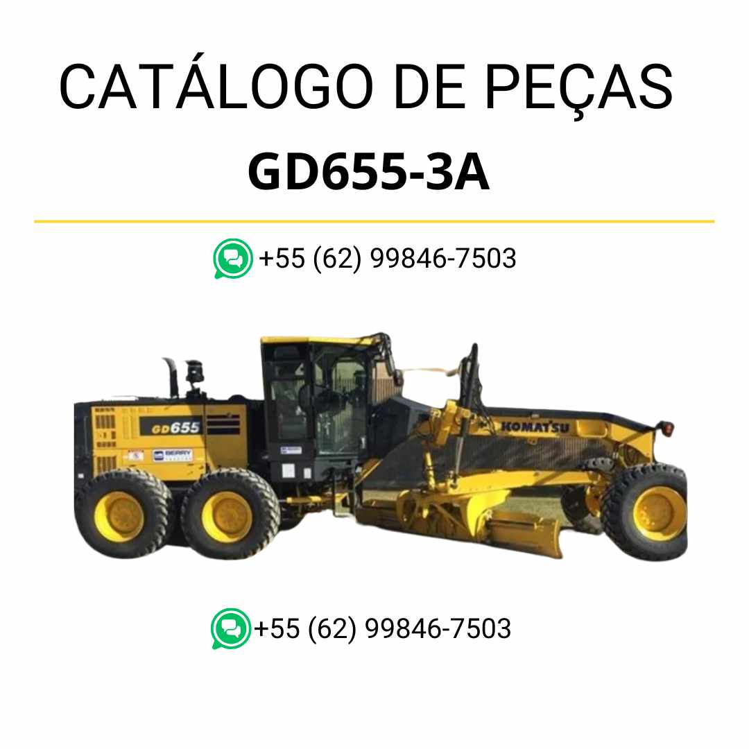 Catálogo de peças Komatsu GD655-3A em PDF para motoniveladoras, com ilustrações técnicas e lista detalhada de componentes originais para manutenção