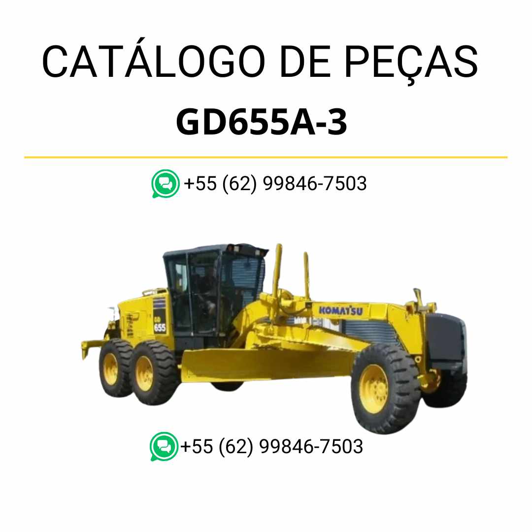 Catálogo de peças Komatsu GD655A-3 em PDF para motoniveladoras, com ilustrações técnicas detalhadas e identificação completa de componentes originais