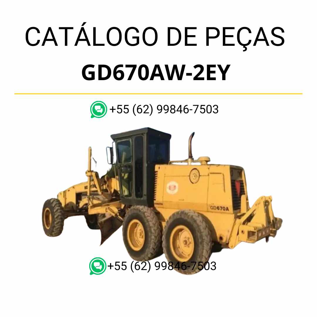 Catálogo de peças Komatsu GD670A e GD670AW-2EY Motoniveladora em PDF — inclui diagramas detalhados, vistas explodidas e lista completa de componentes originais para manutenção profissional.