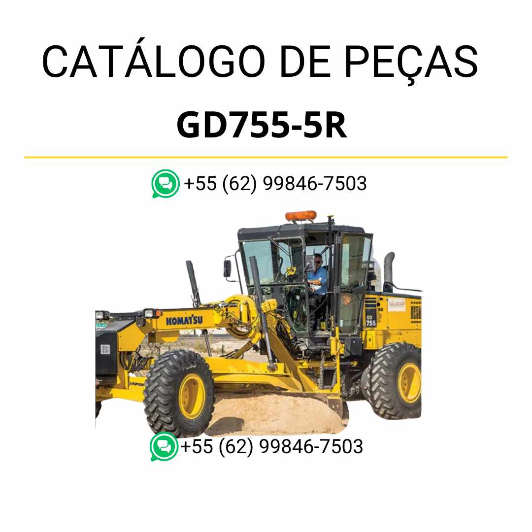 Catálogo de peças Komatsu GD755-5R em PDF para motoniveladoras, com ilustrações técnicas detalhadas e identificação completa de componentes originais