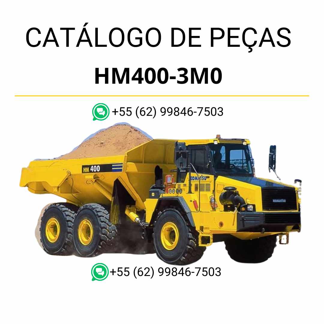 Catálogo de peças Komatsu HM400-3M0 em PDF, com esquemas técnicos e lista completa de componentes do caminhão basculante.