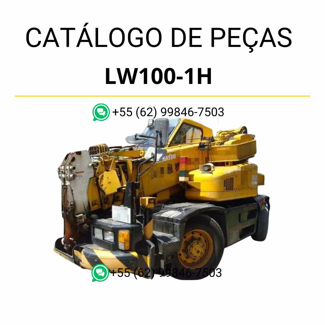 Catálogo de peças Komatsu LW100-1H em PDF, com ilustrações técnicas e lista detalhada de componentes do guindaste móvel.