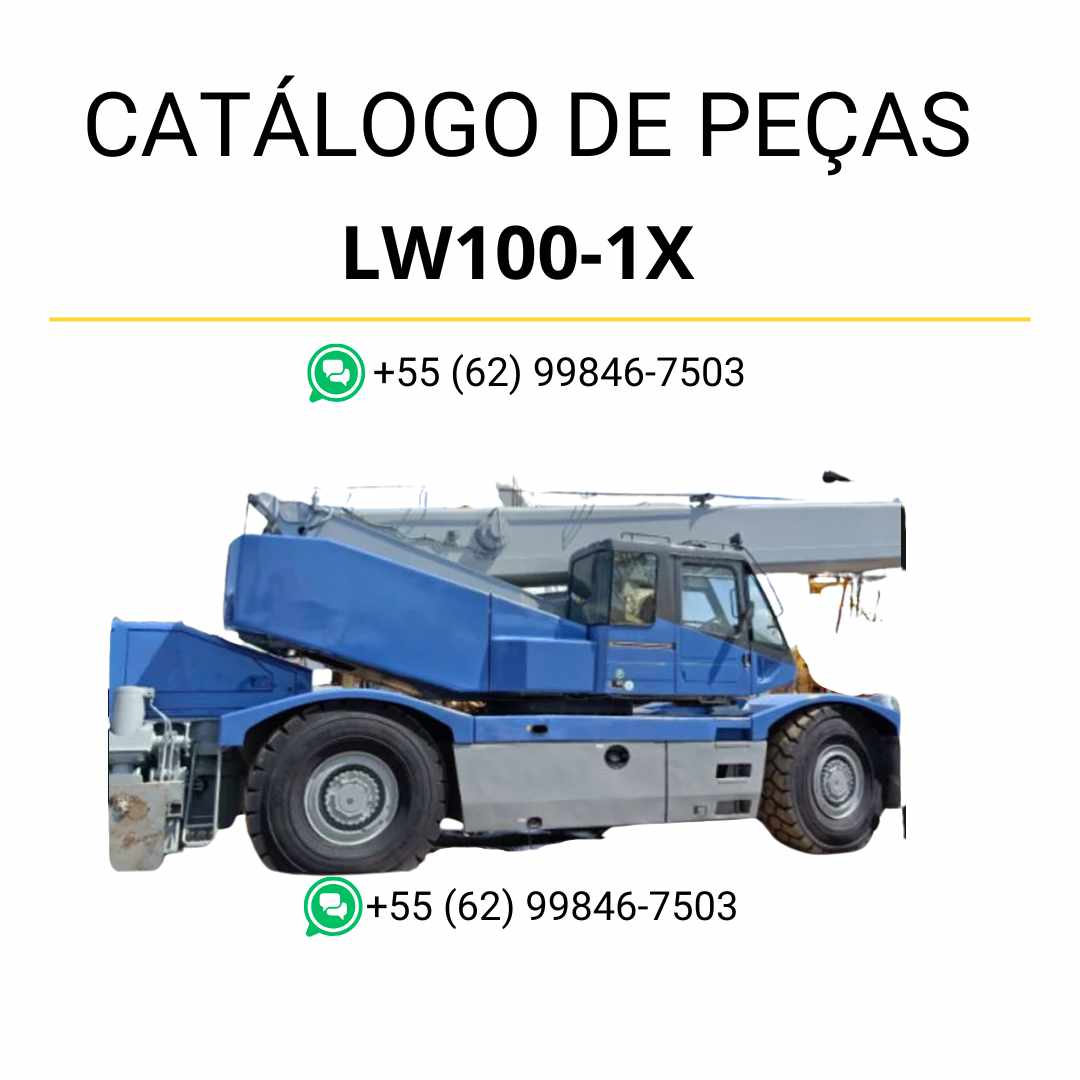 Catálogo de peças Komatsu LW100-1X em PDF, trazendo ilustrações técnicas e a relação completa dos componentes do guindaste móvel.