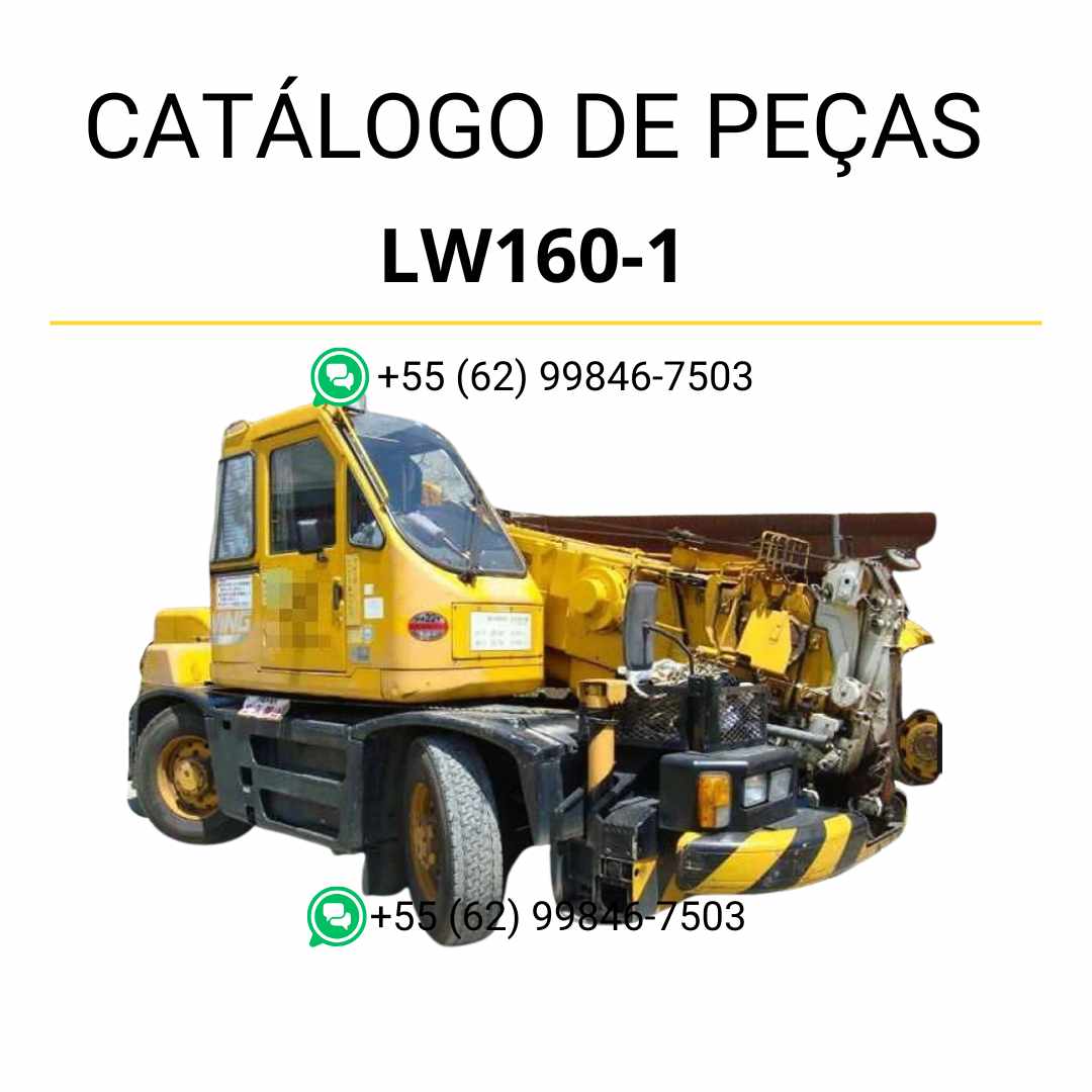 Catálogo de peças Komatsu LW160-1 em PDF, com ilustrações técnicas e lista organizada de componentes do guindaste móvel.