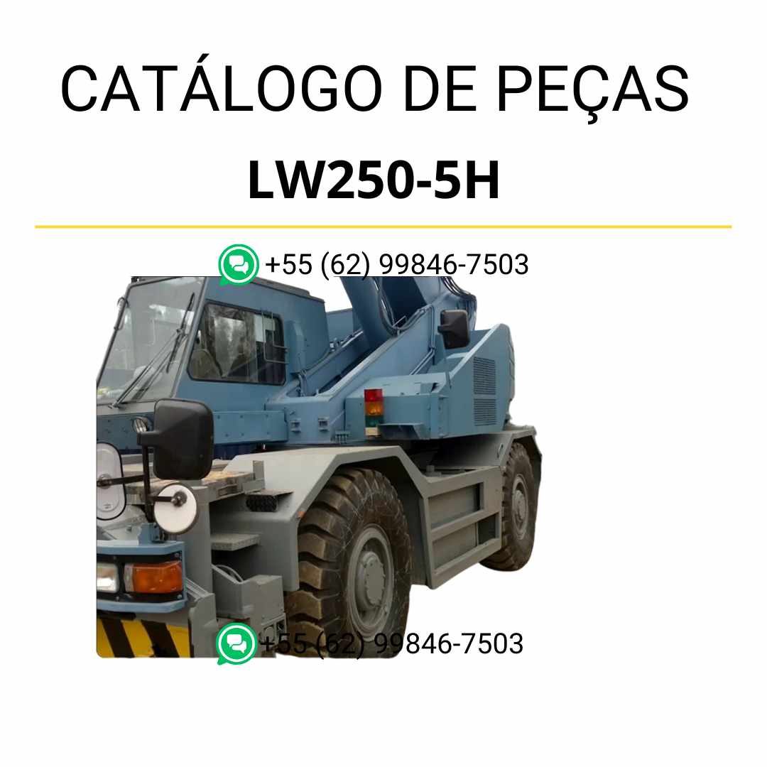 Catálogo de peças Komatsu LW250-5H em PDF, com ilustrações técnicas e identificação precisa dos componentes do guindaste móvel.