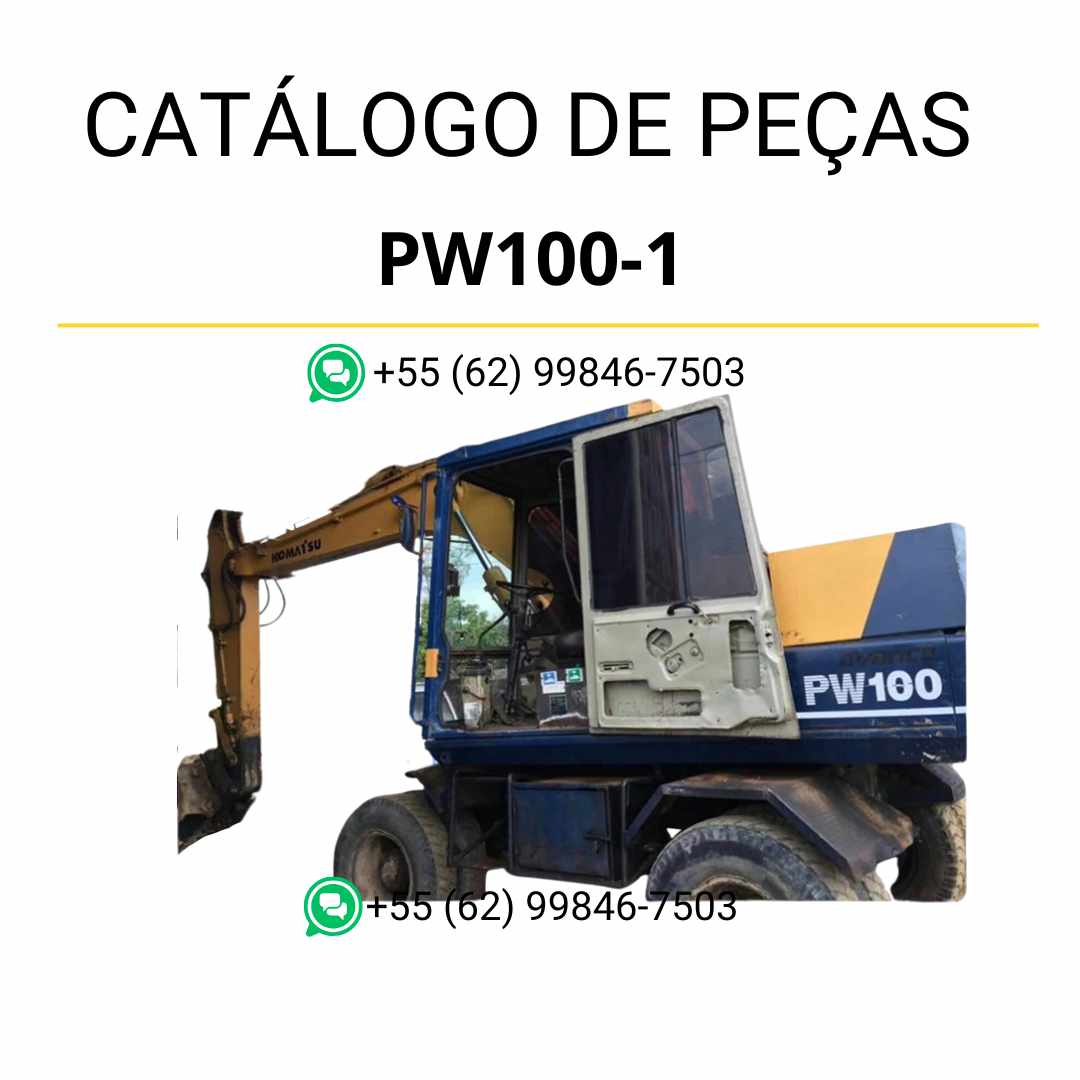 Catálogo de peças Komatsu PW100-1 em PDF, apresentando diagramas técnicos e identificação completa dos componentes da escavadeira de rodas.