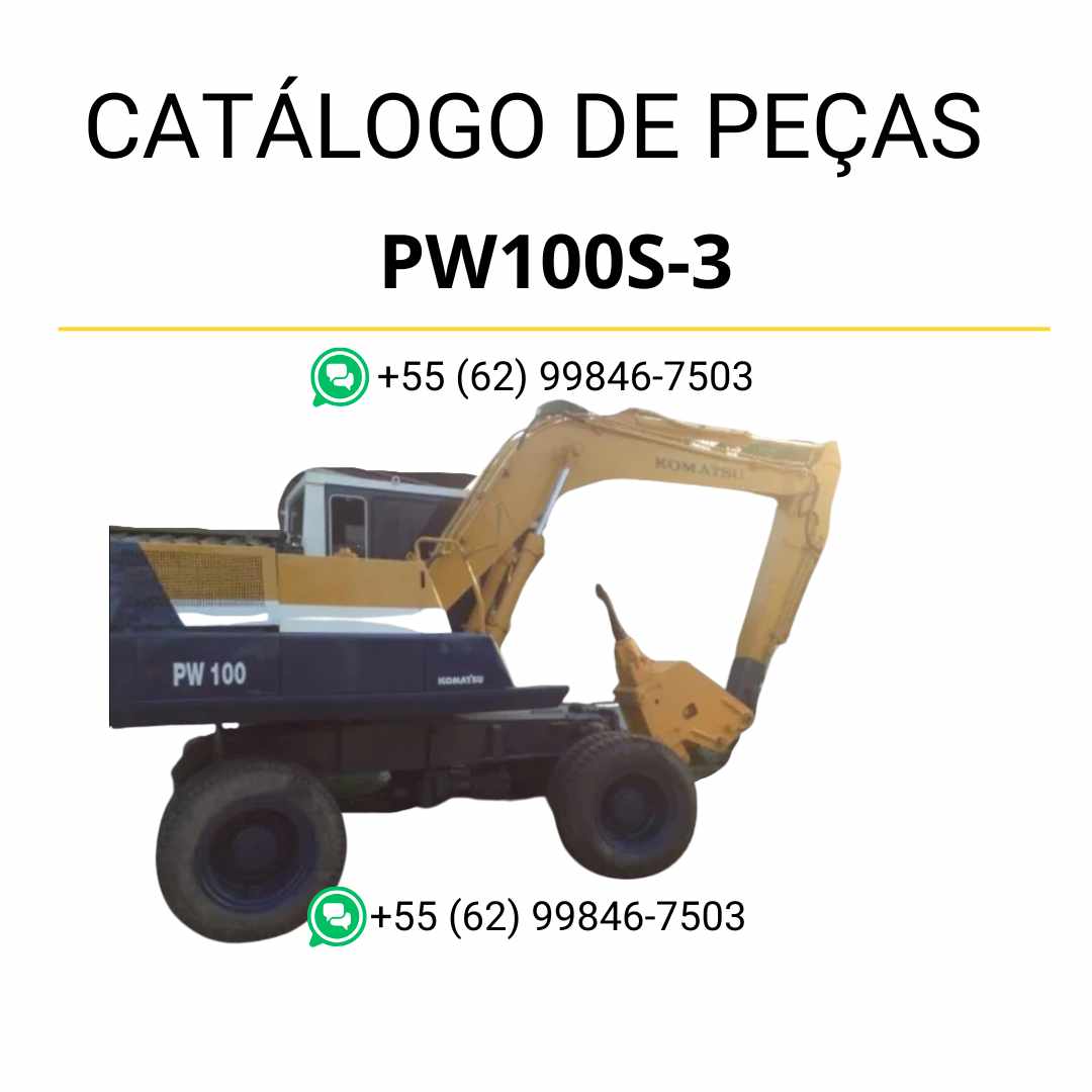 Catálogo de peças Komatsu PW100S-3 em PDF, apresentando diagramas detalhados e identificação técnica dos componentes da escavadeira de rodas.