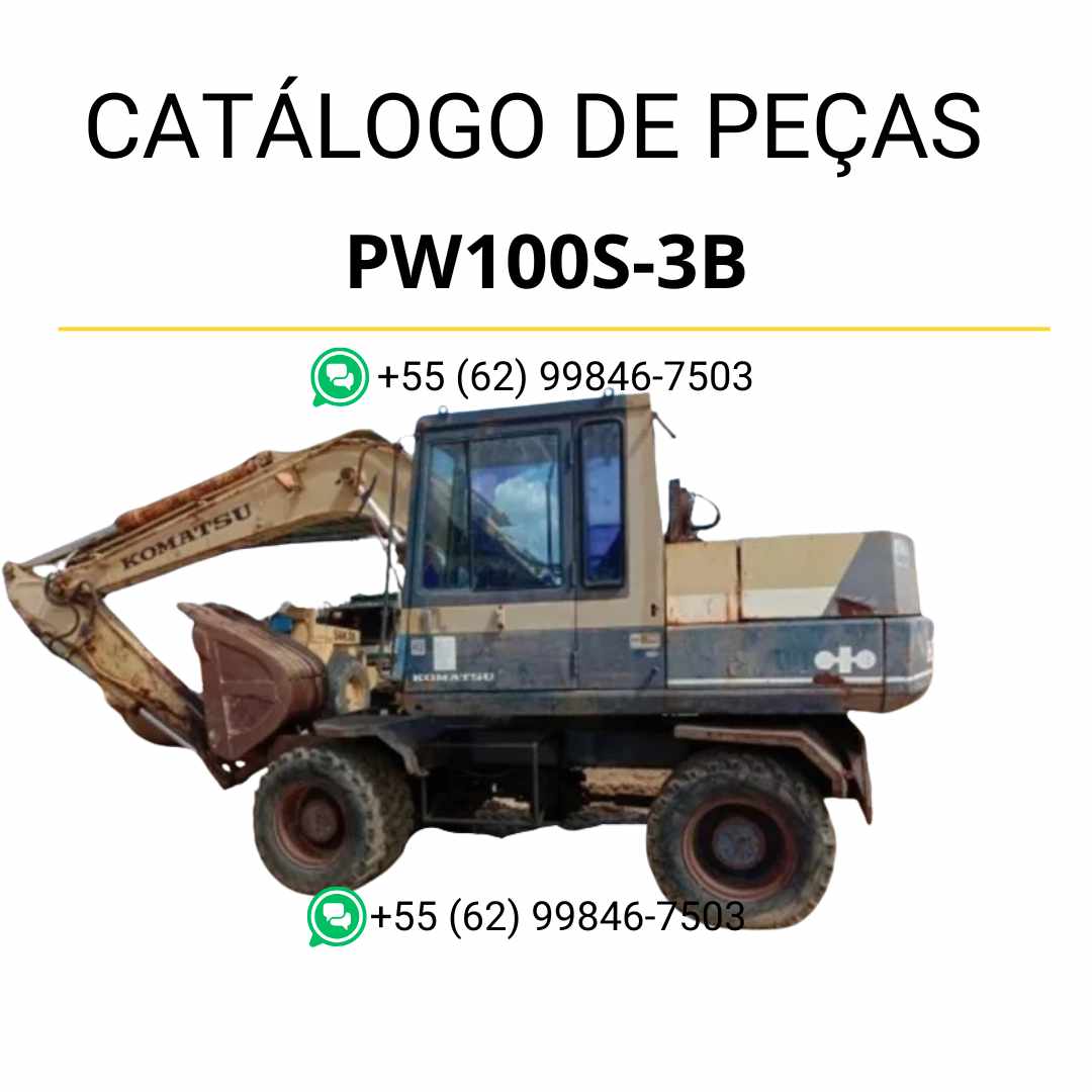 Catálogo de peças Komatsu PW100S-3B em PDF, com ilustrações técnicas e identificação completa dos componentes da escavadeira de rodas.
