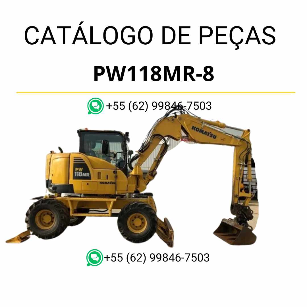 Catálogo de peças Komatsu PW118MR-8 em PDF, com diagramas técnicos e identificação completa dos componentes da escavadeira de rodas.