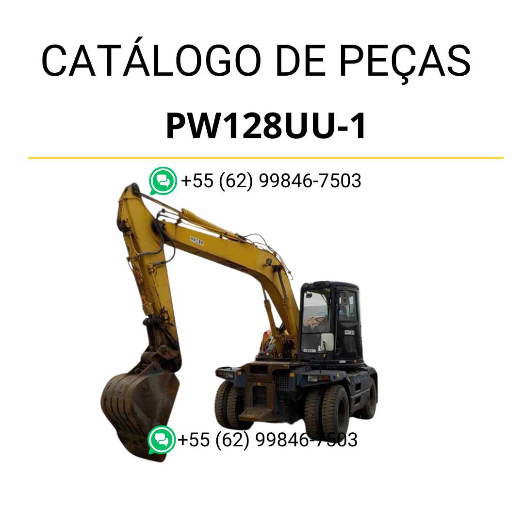 Catálogo de peças Komatsu PW128UU-1 em PDF, com ilustrações técnicas e identificação detalhada dos componentes da escavadeira de rodas.