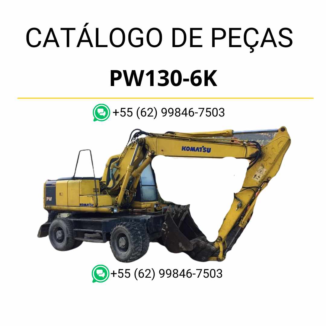 Catálogo de peças Komatsu PW130-6K em PDF, com diagramas detalhados e identificação técnica dos componentes da escavadeira de rodas.