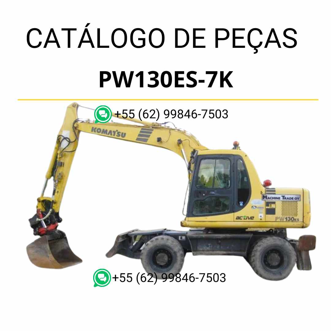 Catálogo de peças Komatsu PW130ES-7K em PDF, com diagramas técnicos e identificação completa dos componentes da escavadeira de rodas.