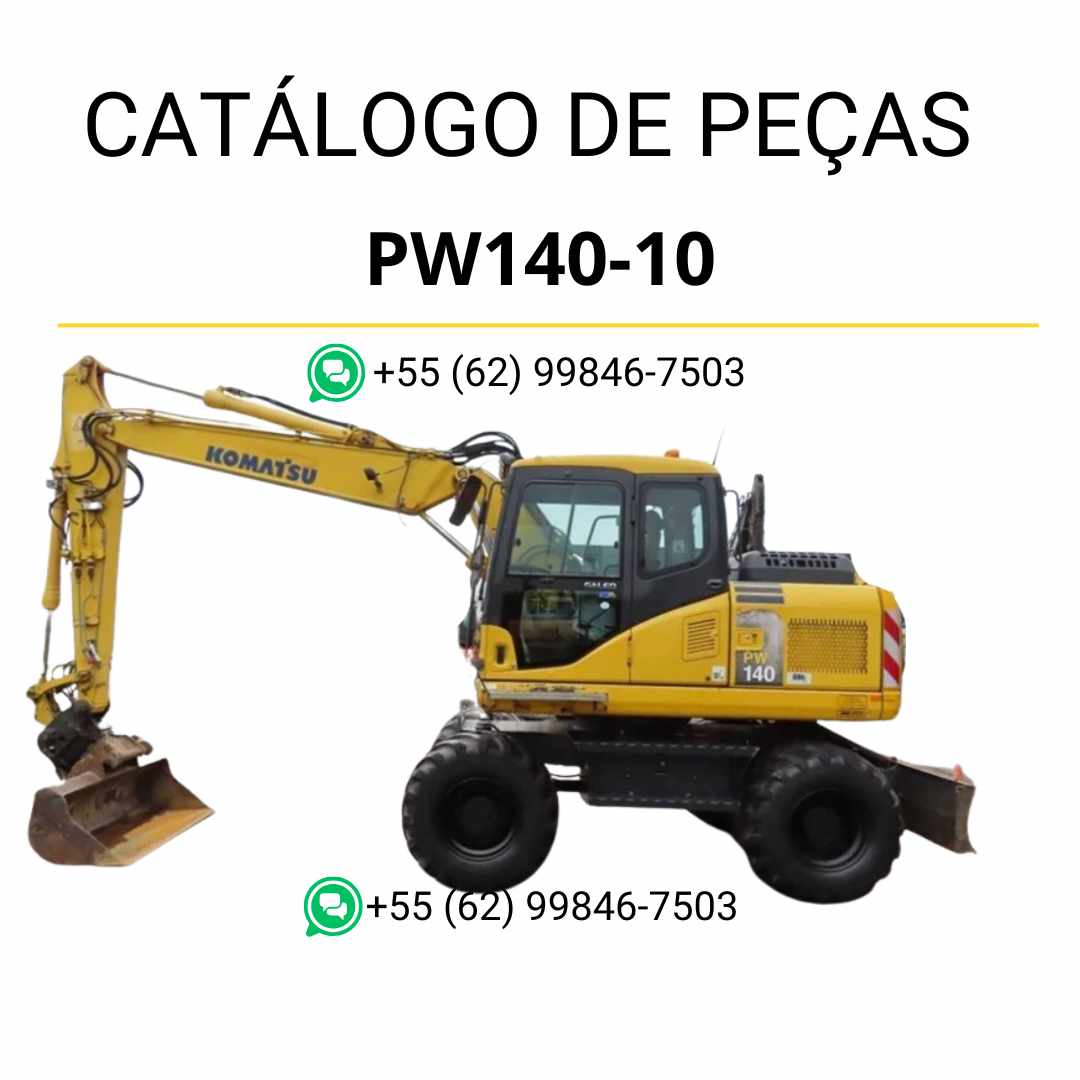 Catálogo de peças Komatsu PW140-10 em PDF, com diagramas detalhados e identificação técnica dos componentes da escavadeira de rodas.