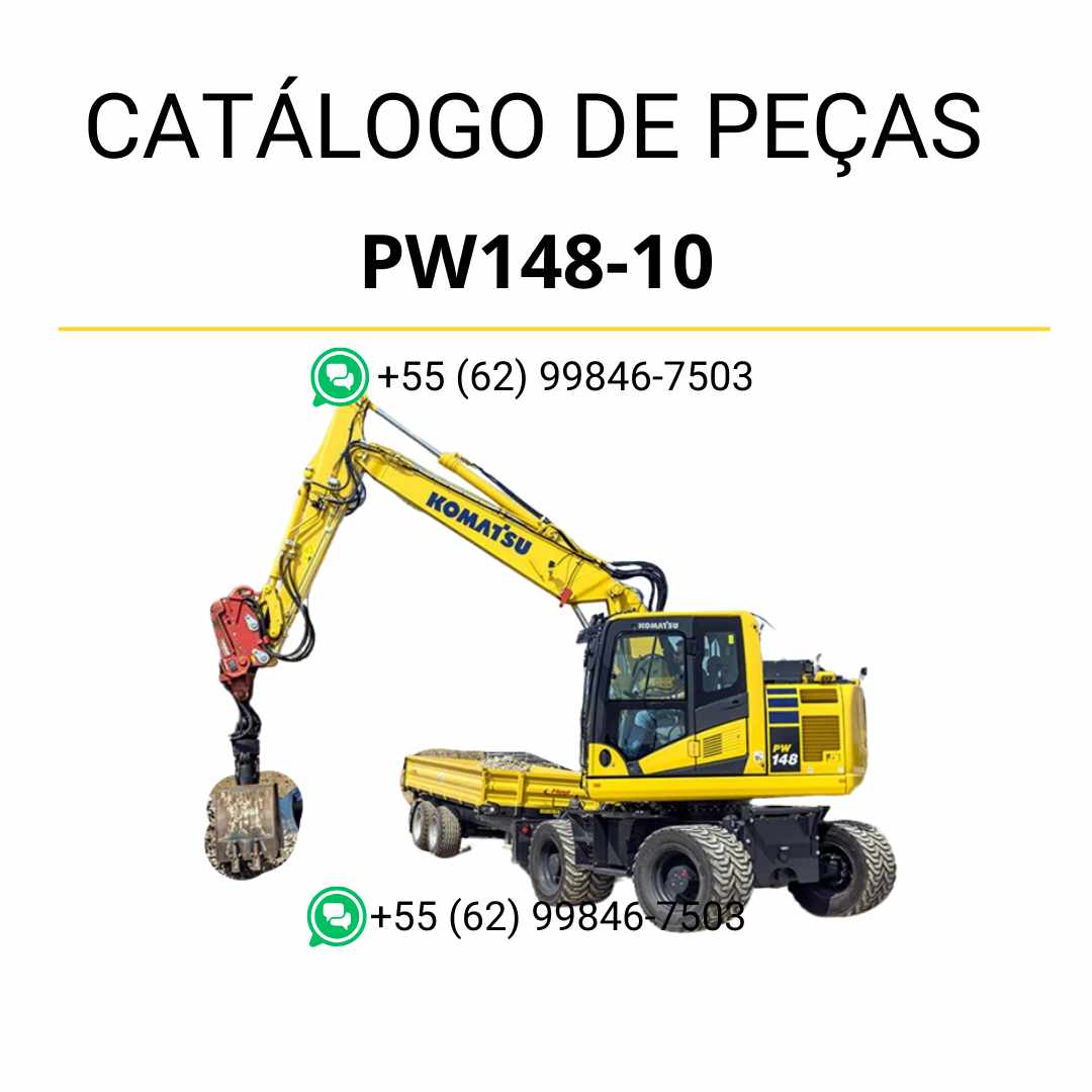 Catálogo de peças Komatsu PW148-10 em PDF, trazendo diagramas completos e identificação técnica dos componentes da escavadeira de rodas.