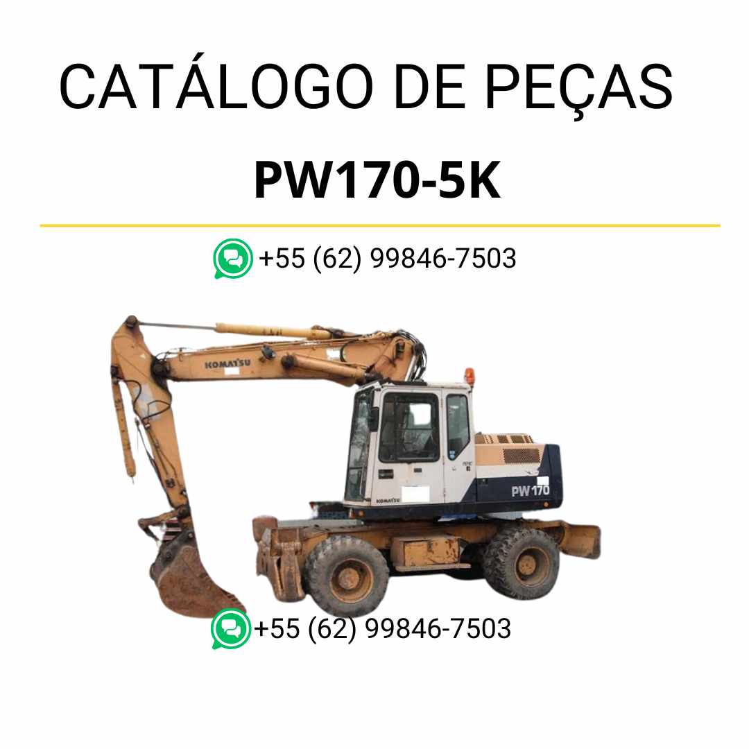 Catálogo de peças Komatsu PW170-5K em PDF, com ilustrações técnicas e identificação detalhada dos componentes da escavadeira de rodas.