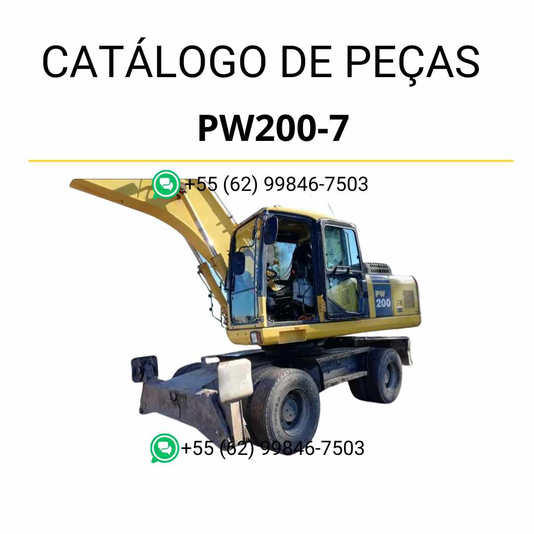 Catálogo de peças Komatsu PW200-7 em PDF, apresentando diagramas completos e identificação técnica de todos os componentes da escavadeira de rodas.
