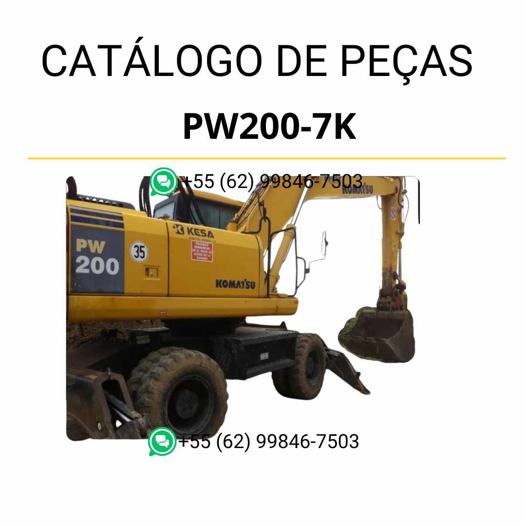 Catálogo de peças Komatsu PW200-7K em PDF, contendo diagramas completos e identificação técnica dos componentes da escavadeira de rodas.