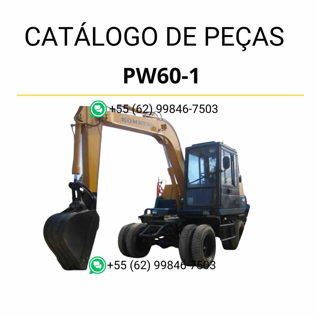 Catálogo de peças Komatsu PW60-1 em PDF, reunindo diagramas técnicos e identificação detalhada dos componentes da escavadeira de rodas.