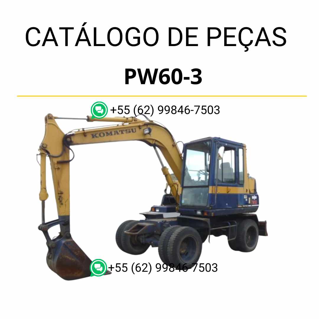 Catálogo de peças Komatsu PW60-3 em PDF, com ilustrações técnicas e descrição completa dos componentes da escavadeira de rodas.