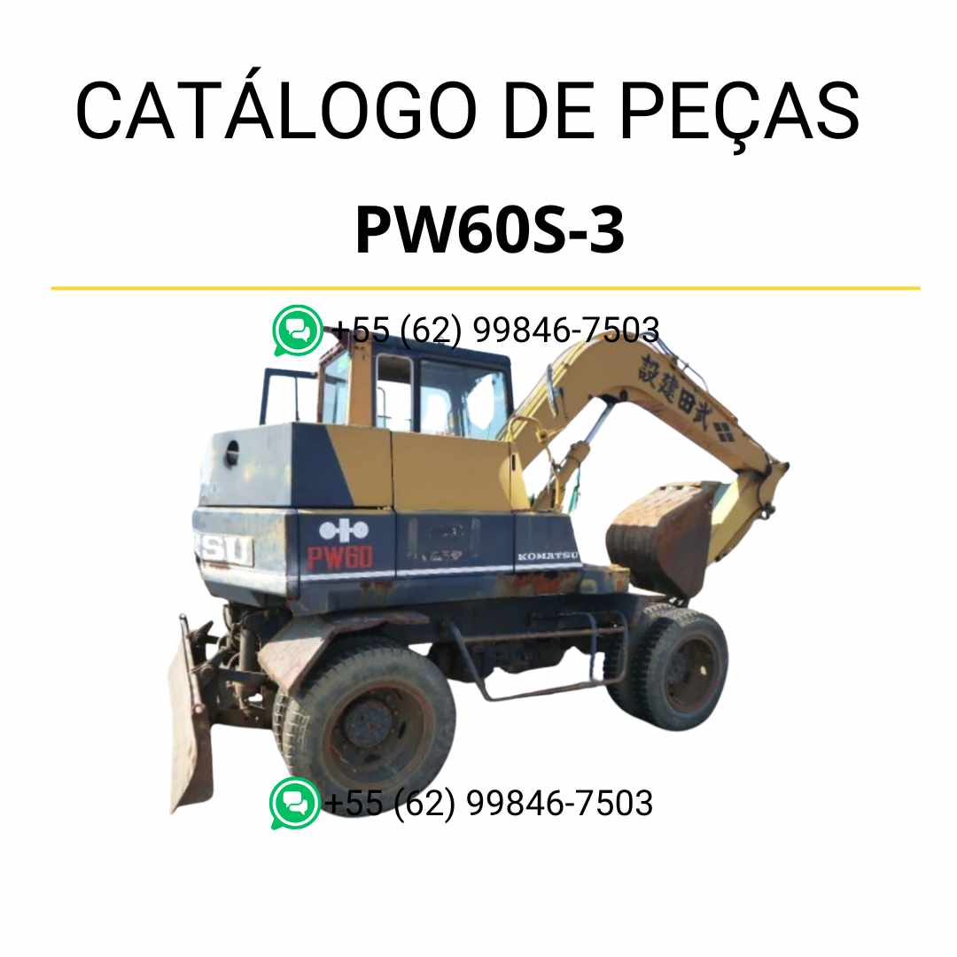 Catálogo de peças Komatsu PW60S-3 em PDF, com diagramas detalhados e identificação técnica dos componentes da escavadeira de rodas.