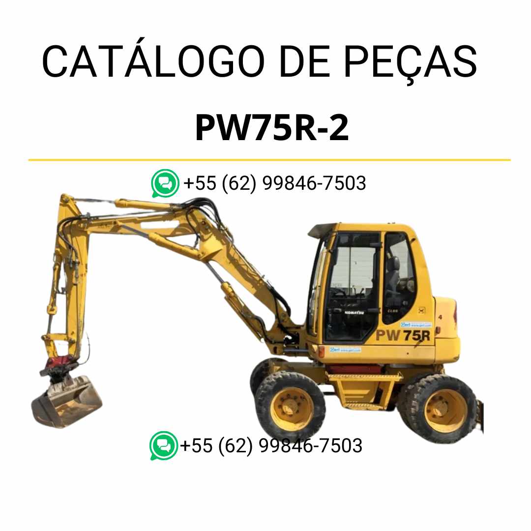 Catálogo de peças Komatsu PW75R-2 em PDF, com diagramas técnicos e identificação detalhada dos componentes da escavadeira de rodas.