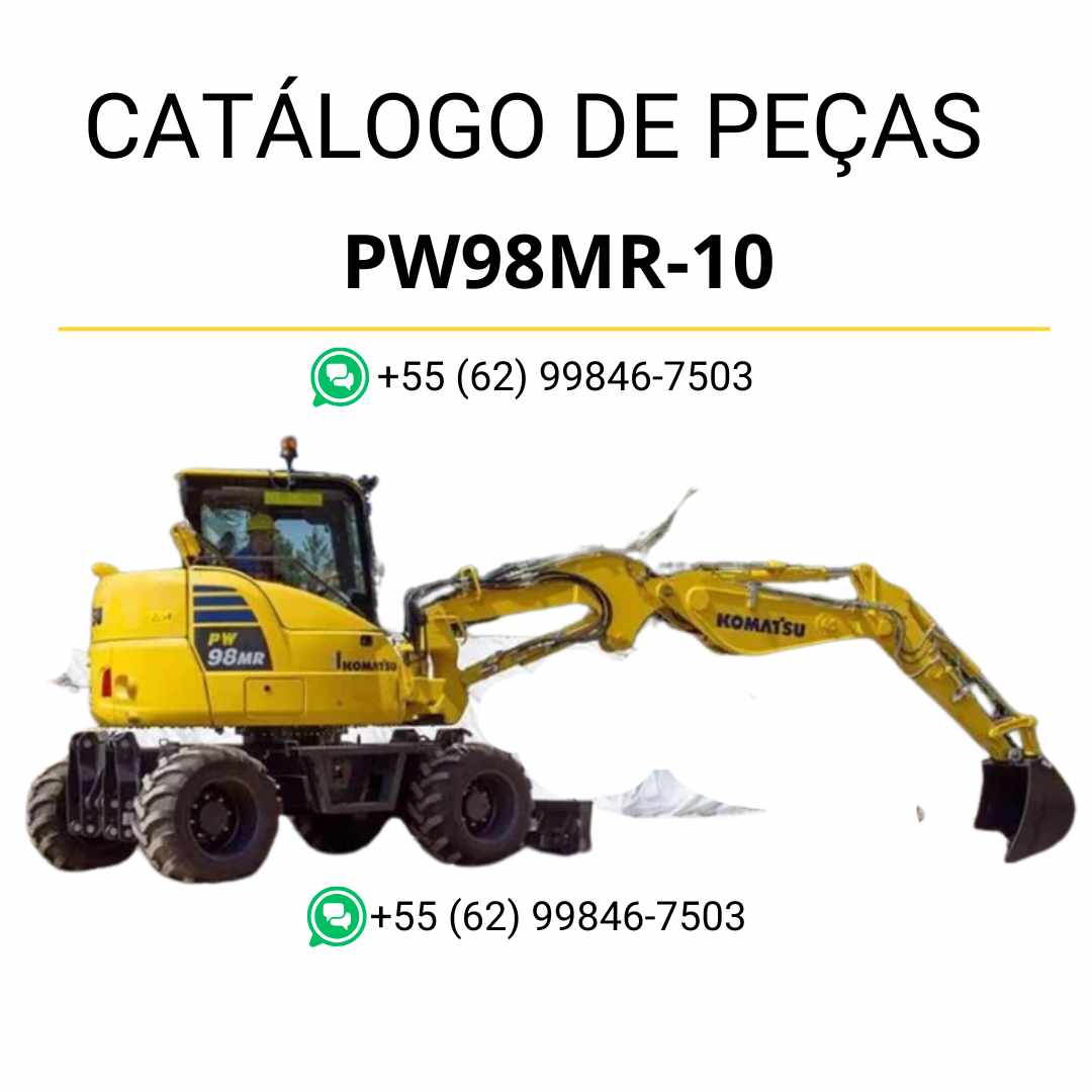 Catálogo de peças Komatsu PW98MR-10 em PDF, com diagramas completos e identificação técnica dos componentes da escavadeira de rodas.