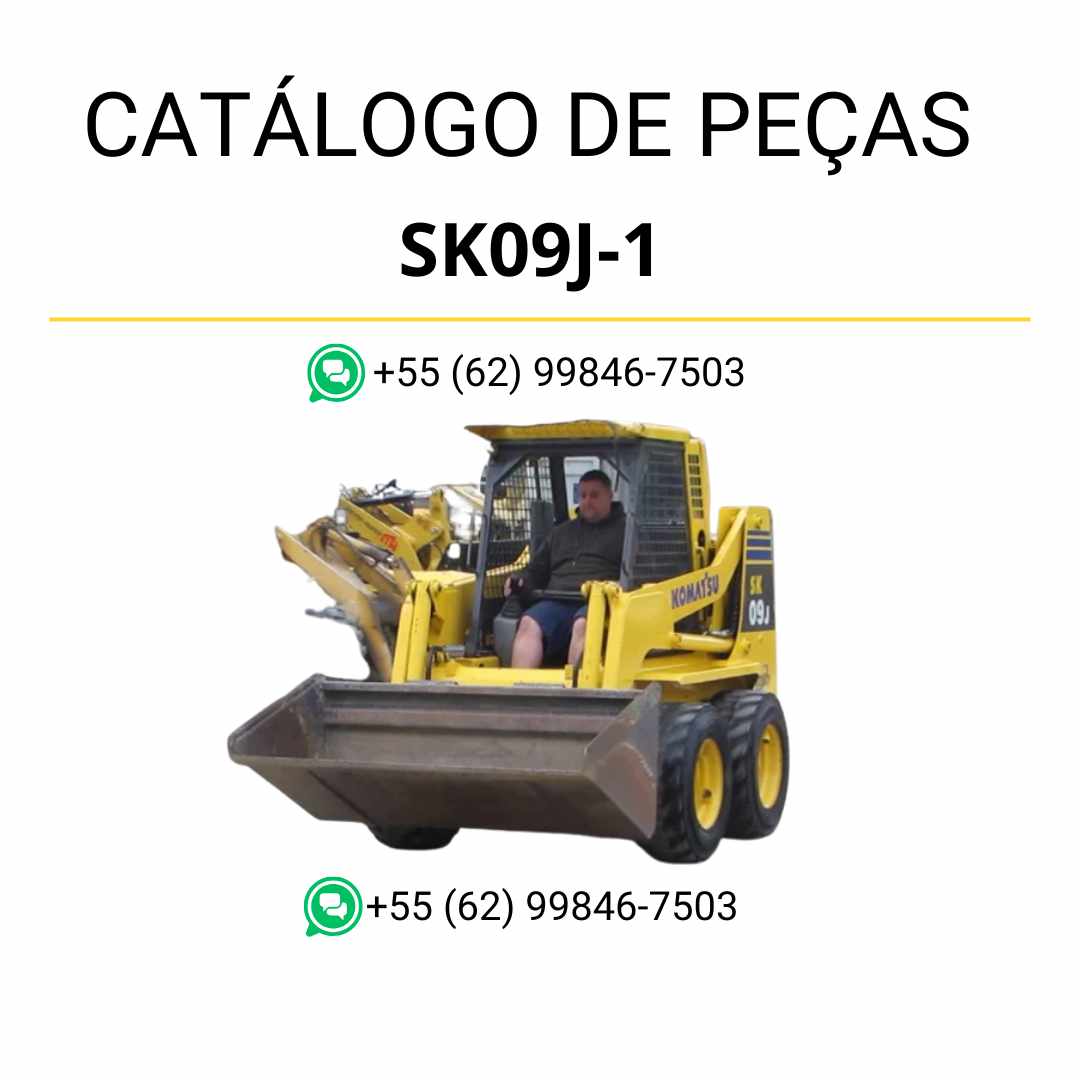 Catálogo de peças Komatsu SK09J-1 em PDF para minicarregadeiras, com diagramas ilustrados e lista detalhada de componentes originais