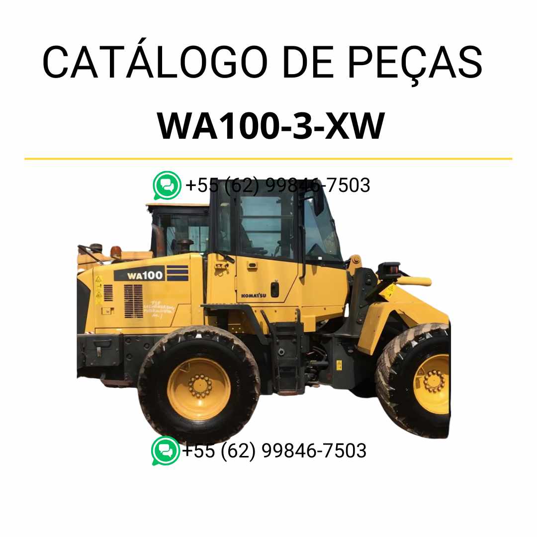 Catálogo de peças Komatsu WA100-3-XW em PDF, com vistas explodidas e detalhamento dos conjuntos mecânicos da carregadeira de rodas