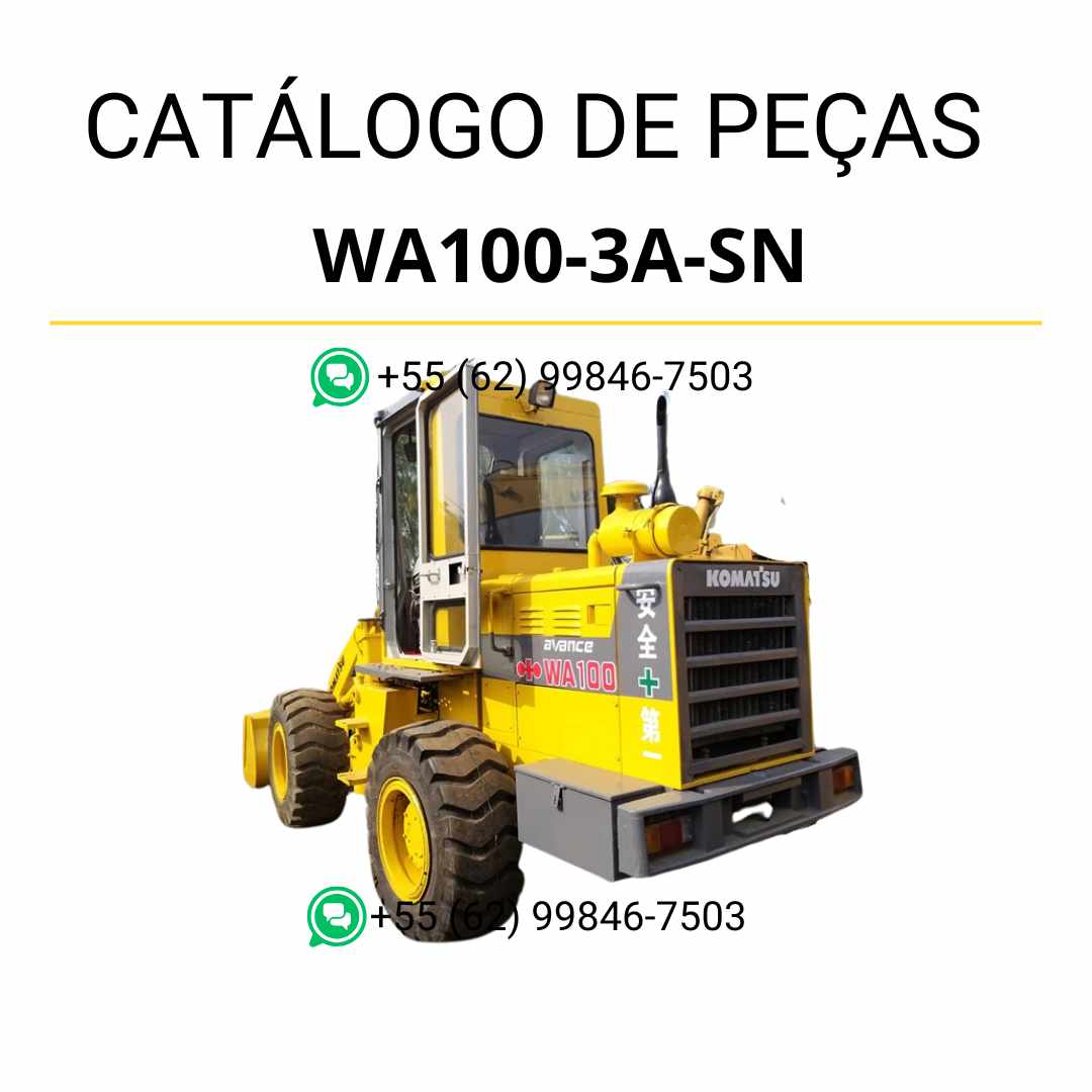 Catálogo de peças Komatsu WA100-3A-SN em PDF, com ilustrações técnicas detalhadas e lista organizada de componentes da carregadeira de rodas