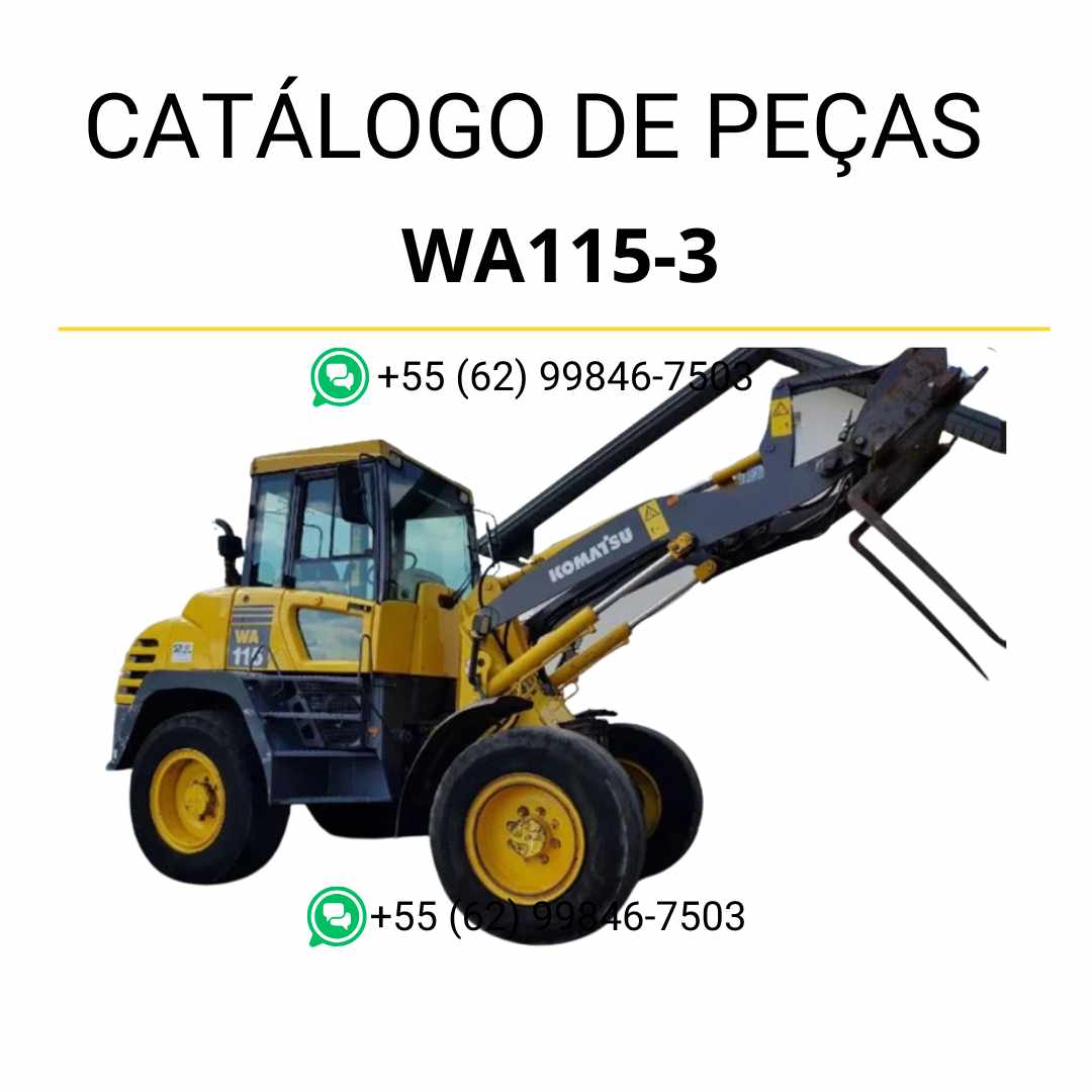 Catálogo de peças Komatsu WA115-3 em PDF com vistas explodidas e identificação técnica dos componentes da carregadeira de rodas