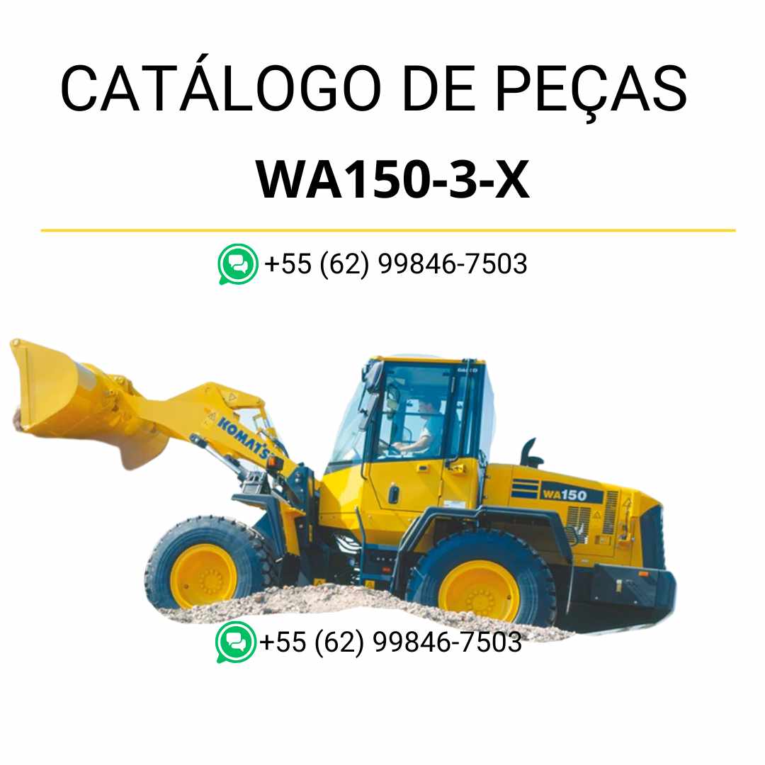 Catálogo de peças Komatsu WA150-3 X em PDF com ilustrações técnicas e identificação detalhada dos componentes da carregadeira de rodas