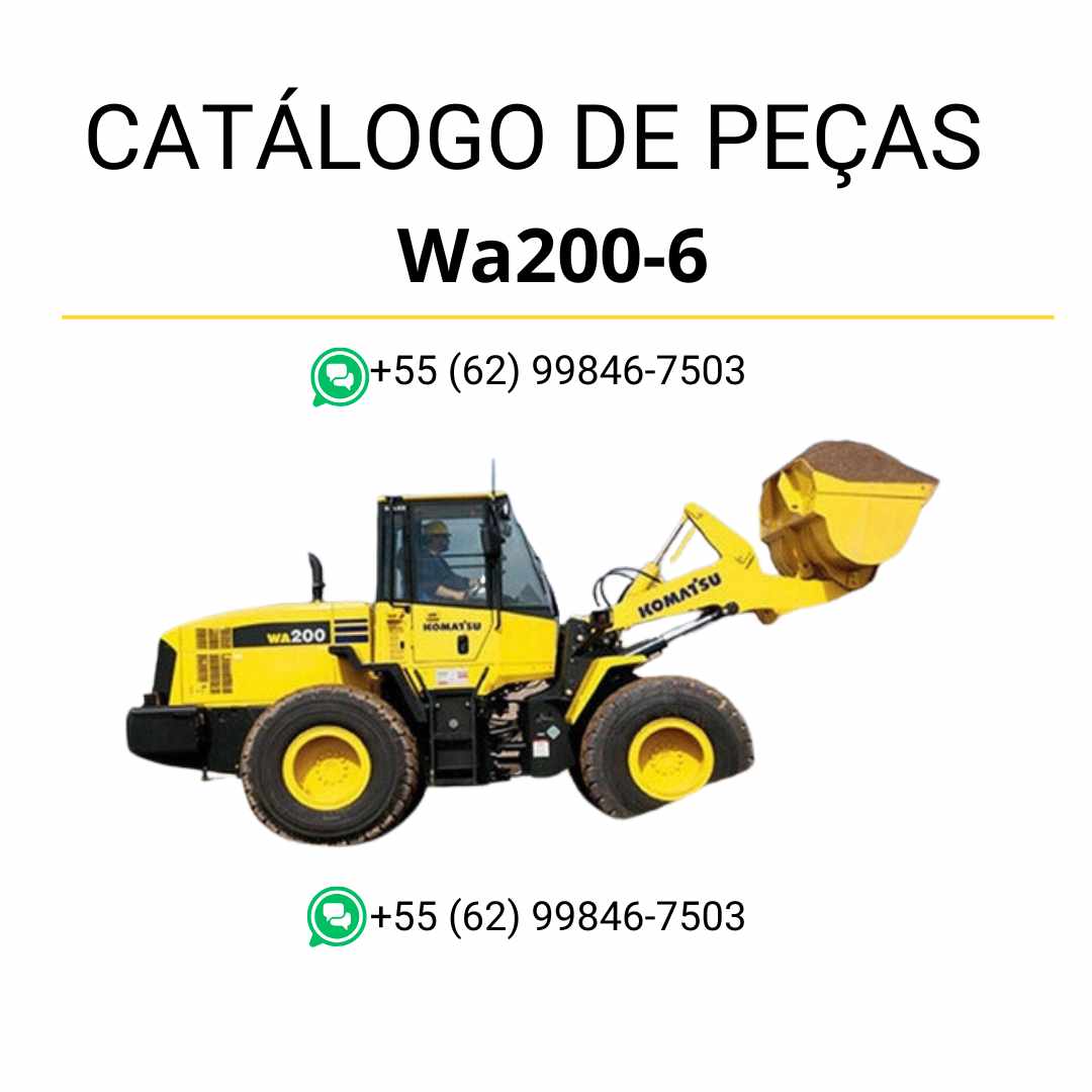 Catálogo de peças Komatsu WA200-6 em PDF com ilustrações técnicas e identificação detalhada dos componentes da carregadeira de rodas
