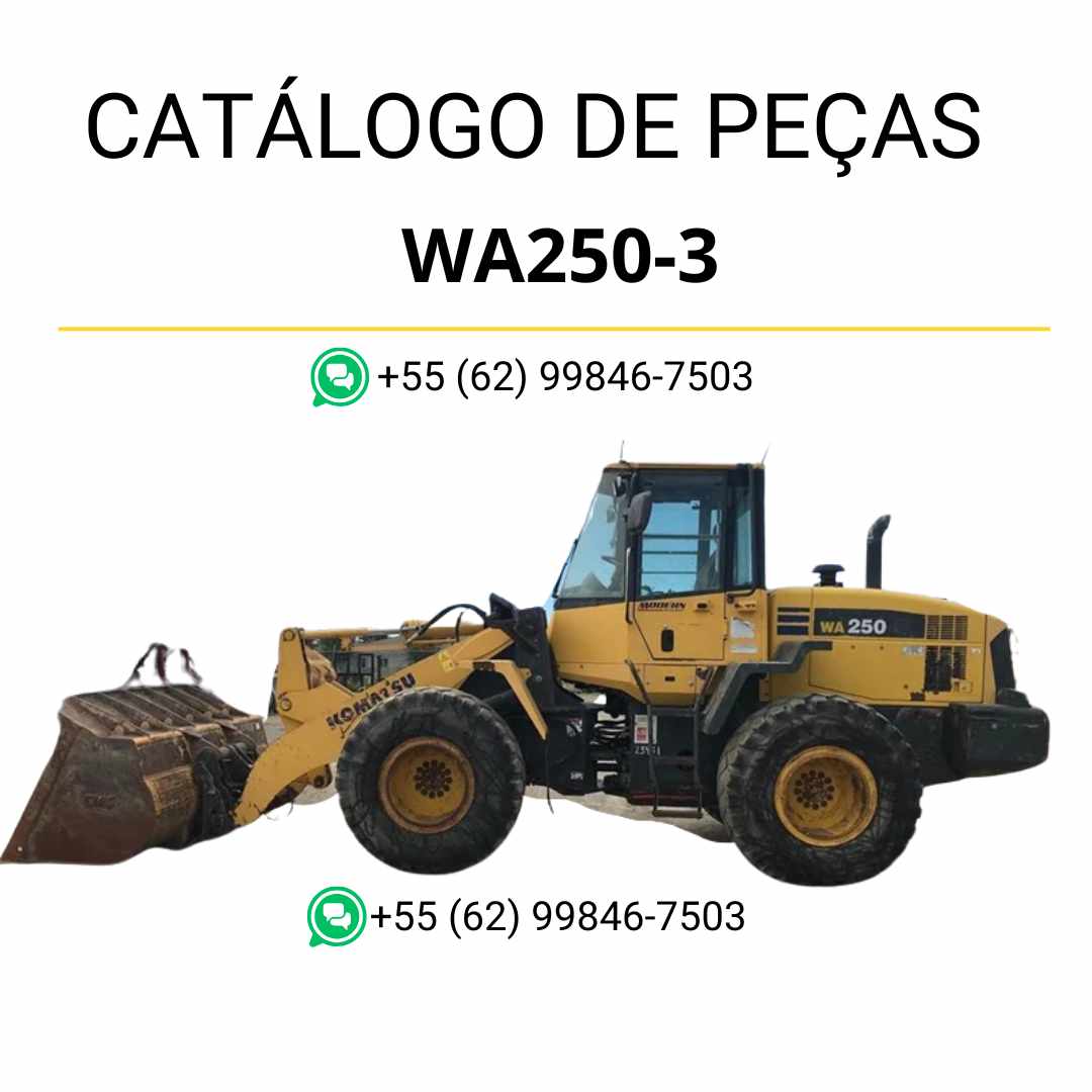 Catálogo de peças Komatsu WA250-3 em PDF com vistas explodidas e identificação técnica dos componentes da carregadeira de rodas