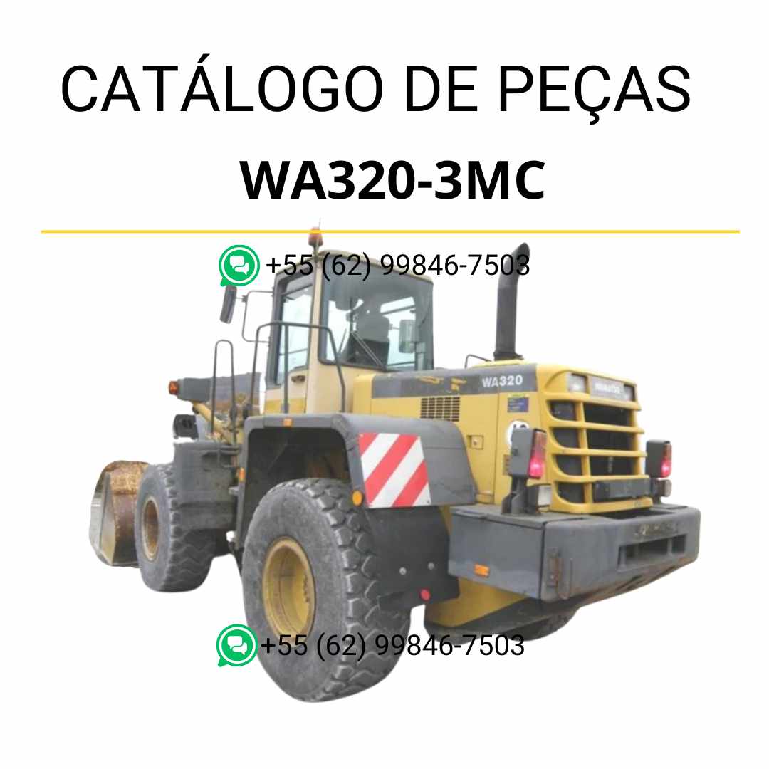 Catálogo de peças Komatsu WA320-3MC em PDF, com ilustrações técnicas e organização detalhada para identificação dos componentes da carregadeira de rodas.