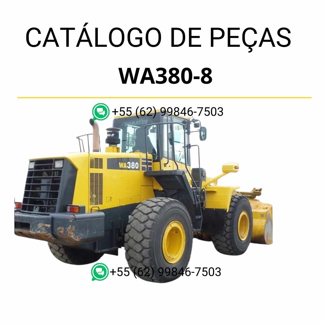 Catálogo de peças Komatsu WA380-8 em PDF, com ilustrações técnicas e detalhamento completo dos componentes da carregadeira de rodas.