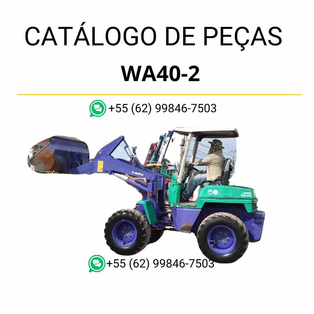 Catálogo de peças Komatsu WA40-2 em PDF, com diagramas e identificação detalhada de componentes para manutenção de carregadeiras de rodas.