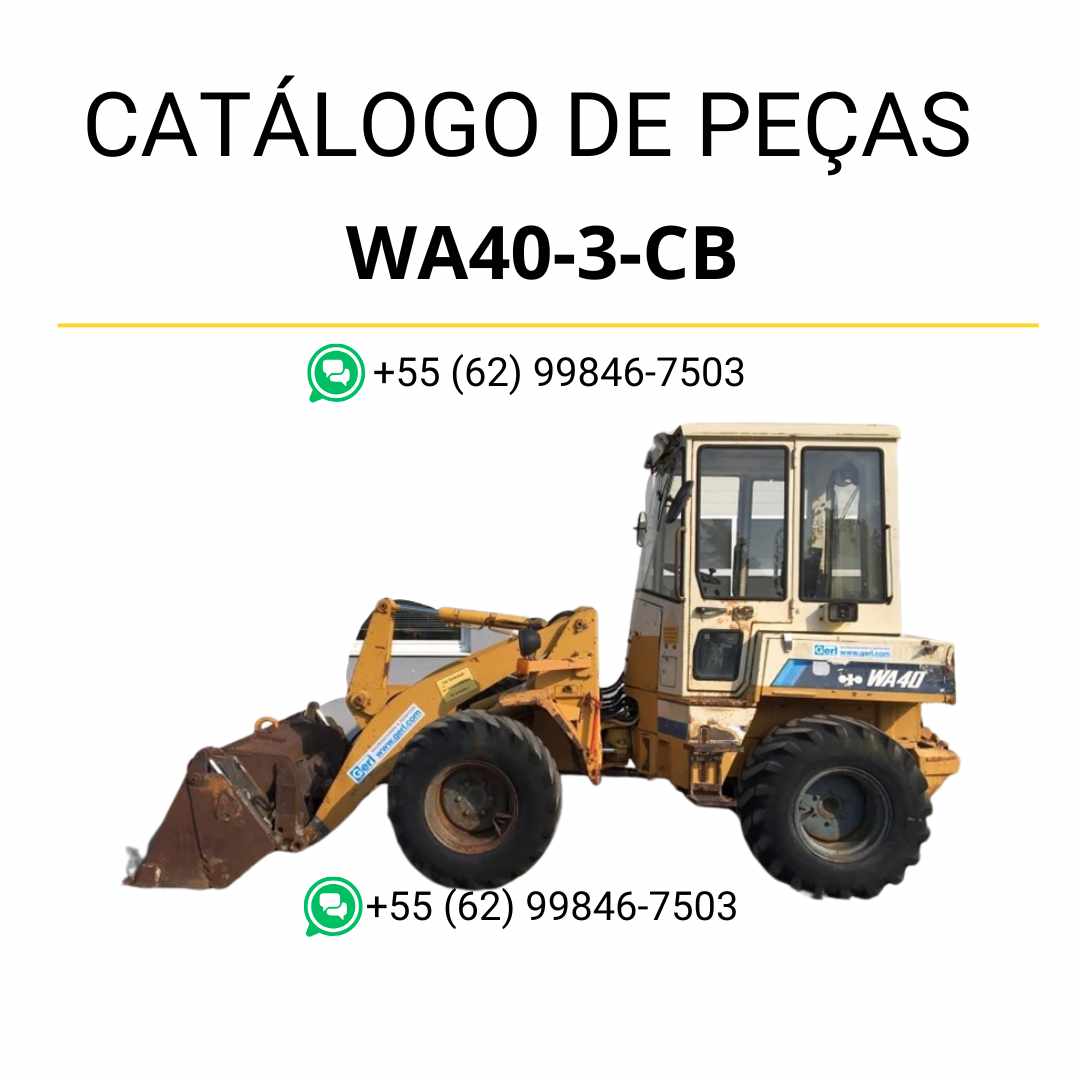 Catálogo de peças Komatsu WA40-3-CB em PDF, trazendo diagramas e identificação detalhada dos componentes da carregadeira de rodas.