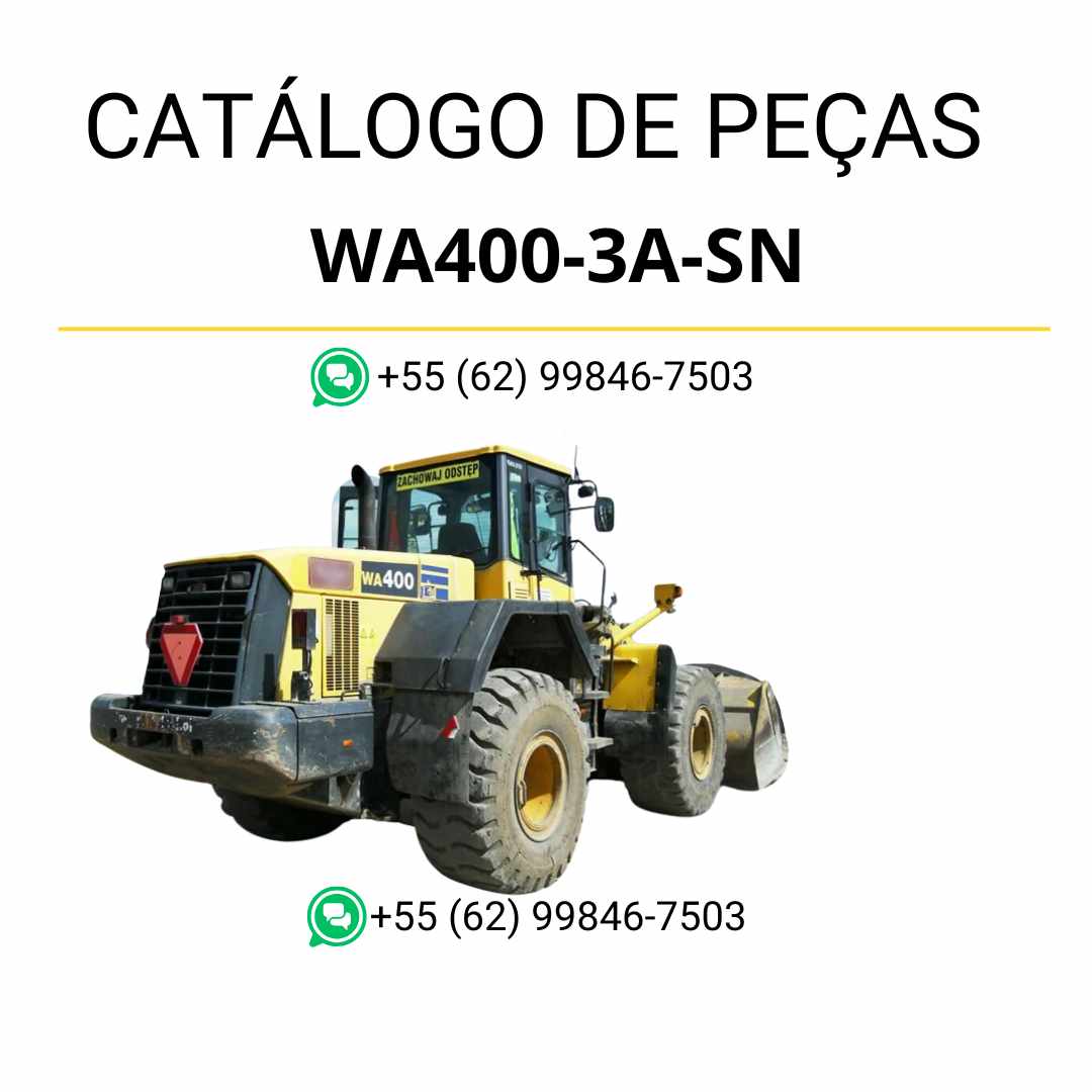 Catálogo de peças Komatsu WA400-3A-SN em PDF, apresentando diagramas e lista detalhada de componentes para carregadeiras de rodas.