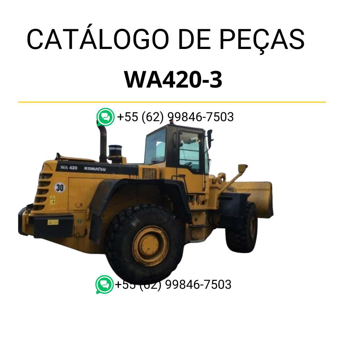 Catálogo de peças Komatsu WA420-3 em PDF, com diagramas detalhados e lista completa de componentes da carregadeira de rodas.