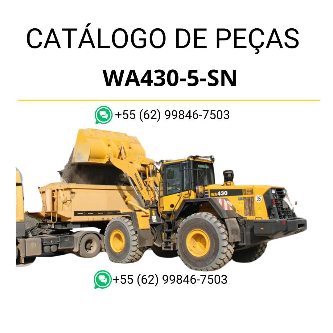 Catálogo de peças Komatsu WA430-5-SN em PDF, com ilustrações técnicas e identificação completa dos componentes da carregadeira de rodas.