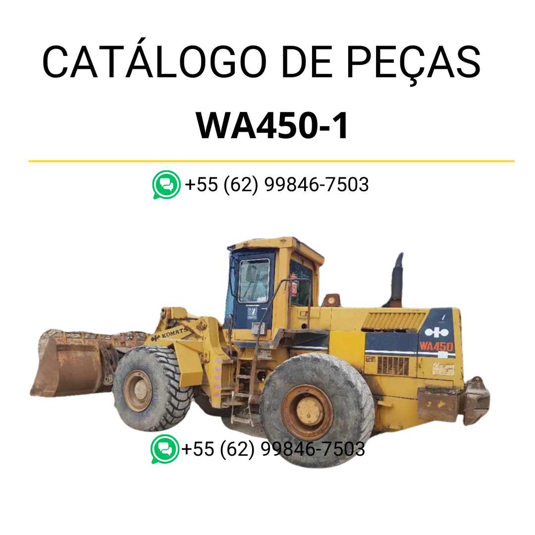Catálogo de peças Komatsu WA450-1 em PDF com diagramas técnicos e identificação completa dos componentes da carregadeira de rodas.
